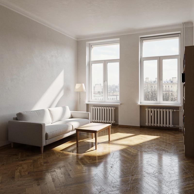 Living room with tall windows and parquet floor in a central Kyiv apartment